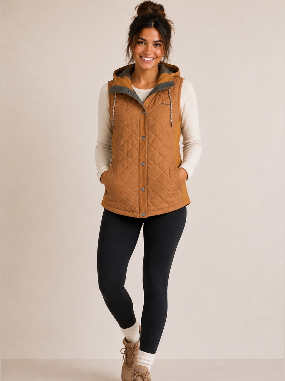 Columbia Quilted Hooded Puffer Vest Camel Tan Women’s Large